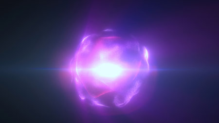 Purple energy magic sphere round high-tech digital ball core of light rays waves lines and energy particles. Abstract background.の写真素材
