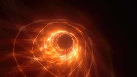 Abstract bright yellow glowing background with a tunnel of lines and stripes of energy of burning rays of plasma and electricity with light.の写真素材