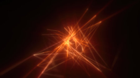 Abstract bright yellow glowing background with flying neon star lines made of energy particles and...