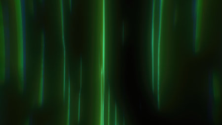 Abstract green glowing background with flying lines and stripes.の写真素材