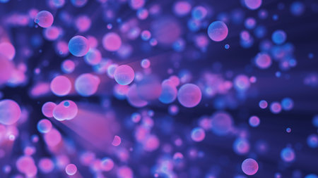 Abstract purple glowing background with flying balls circles atoms molecules particles energy bubbles.の写真素材