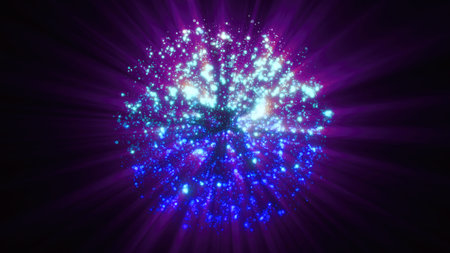 Abstract purple glowing energy molecule sphere nucleus atom round background with flying blurred...