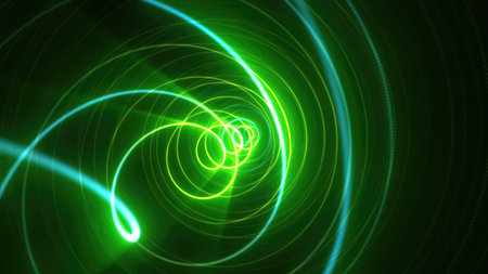 Abstract bright glowing green background tunnel with flying lines of energy particles and light...