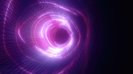 Abstract bright purple glowing background with a tunnel of lines and stripes of energy of burning...
