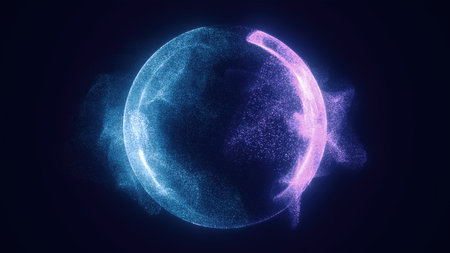 Abstract purple bright glowing background with a sphere core atom energy burning ball circle made of waves of energy rays and plasma with light.の写真素材