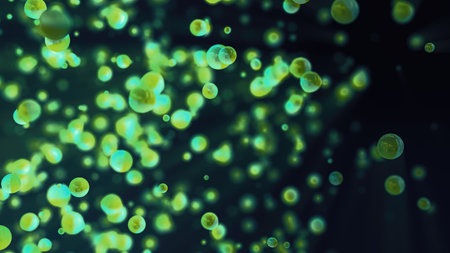 Abstract green glowing background with flying balls circles atoms molecules particles energy bubbles.の写真素材