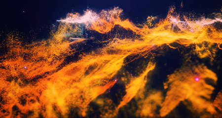 Abstract moving futuristic landscape of particles and dots of energy magic with glow and blur...