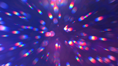 Abstract purple glowing background with flying balls and circles of blurred festive bokeh particles.の写真素材