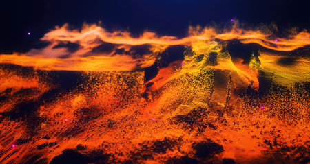 Abstract moving futuristic landscape of particles and dots of energy magic with glow and blur effect, abstract background.の写真素材
