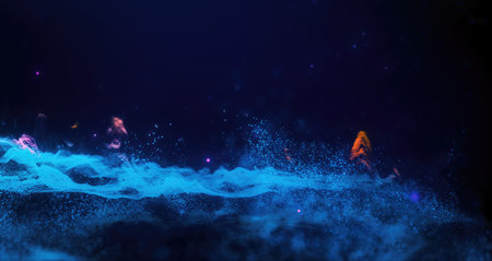 Abstract moving futuristic landscape of particles and dots of energy magic with glow and blur...