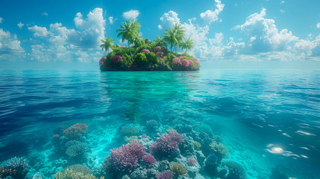 Aerial view of a tropical island surrounded by a vibrant coral reef.の素材