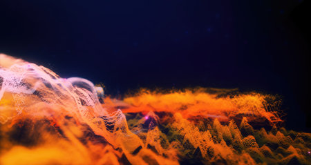 Abstract moving futuristic landscape of particles and dots of energy magic with glow and blur effect, abstract background.の写真素材