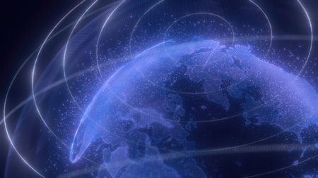 A digital representation of blue Earth with glowing lines encircling the planet, highlighting global...