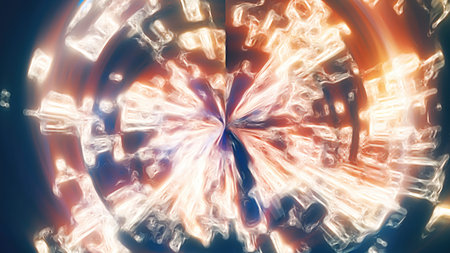 Abstract digital glowing vibrant yellow light frame vortex creating a tunnel-like effect hi-tech...