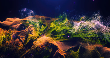 Abstract moving futuristic landscape of particles and dots of energy magic with glow and blur...
