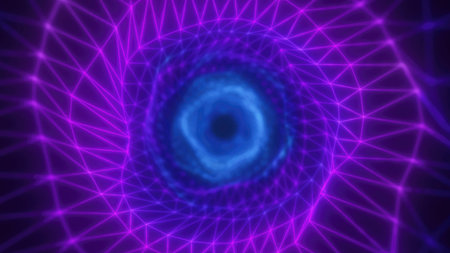 A mesmerizing pink and blue vortex with a geometric wireframe futuristic glowing tunnel effect for...