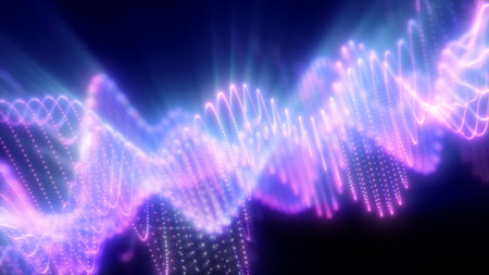 Vibrant pink and purple light waves pulse across a dark background, creating a futuristic and...