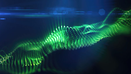 A green, glowing particle wave forms a dynamic curve, suggesting energy, sound, or data...