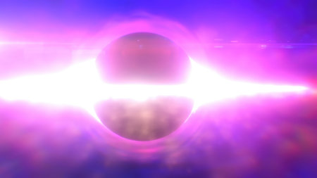 Abstract glowing object resembling a black hole surrounded by bright light in a deep blue space.