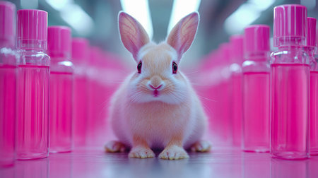 A fluffy rabbit in a bright cosmetic lab, surrounded by product samples, symbolizing cosmetic testing and research.の素材