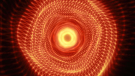 A glowing golden wireframe tunnel spiraling towards a bright center, creating a mesmerizing abstract design for technology, sci-fi, and digital themes.の写真素材