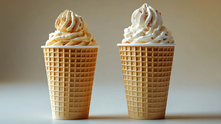 Two ice cream cones with soft serve, standing side by side in beige waffle cones, against a simple backdrop.の素材