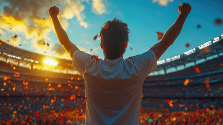 A sports fan raises his arms in victory at a stadium during sunset, celebrating a winning moment. The sky is painted with vibrant colors, and the stadium is full of energy and lights.の素材