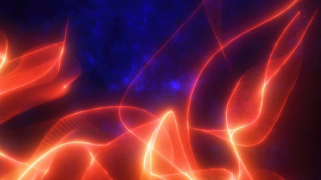 Abstract neon orange light trails on a deep blue background. Dynamic and futuristic design with glowing energy lines. Ideal for tech, digital art, and backgrounds.の写真素材