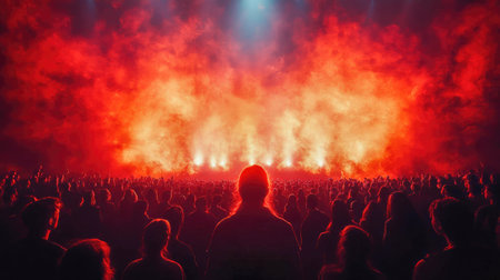 A concert stage with a vibrant red and blue light show, featuring a crowd of people enjoying live music. The scene captures the energy and excitement of a music festival.の素材