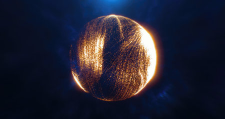 Glowing yellow sphere of light particles on a dark background, symbolizing energy and technology with a dynamic and futuristic feel.の写真素材