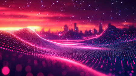 An abstract depiction of a glowing digital energy field in orange and blue, featuring bright particles and flowing lines of light.の素材