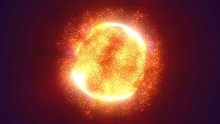 A glowing, fiery sphere with swirling particles and intense energy of heat and motion of energy, fire, and dynamic forces in a futuristic cosmic setting.の写真素材