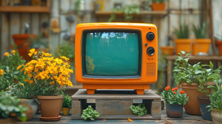 A vintage yellow TV surrounded by bright yellow flowers in a colorful setting.の素材