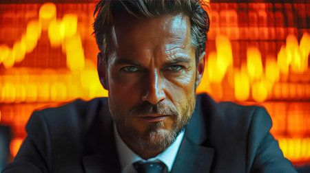 A businessman intensely focused, with a stock market graph reflected in the background, symbolizing financial market trends and corporate strategy.の素材