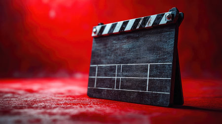 Rustic wooden movie clapperboard with hard shadows on a vibrant red background, symbolizing cinema, filmmaking, and the movie industry. Perfect for film and media themes.の素材