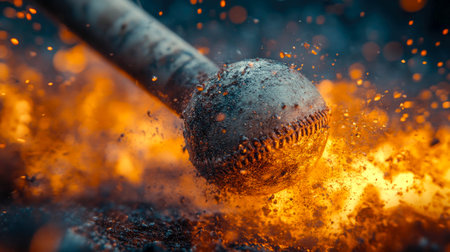 A baseball bat striking a wet, muddy baseball, causing water to splash dramatically. Captures the intense energy of the game.の素材