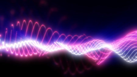 Vibrant pink and purple light waves pulse across a dark background, creating a futuristic and...
