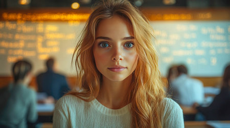 Young woman stands confidently in a business setting, with a blurred background suggesting a corporate environment and professional engagement.の素材