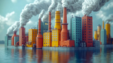 A colorful industrial complex with smokestacks emitting pollution, highlighting environmental impact and industrial development.の素材
