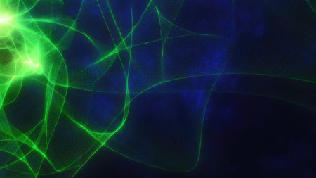 Dynamic green abstract light lines against a dark blue background, creating a mesmerizing and futuristic visual effect.の写真素材