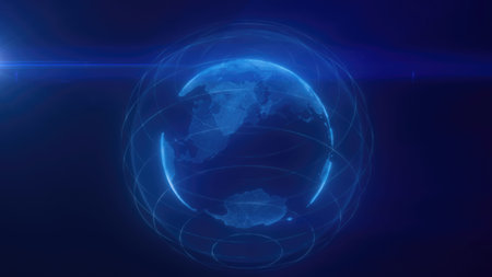 A digital representation of blue Earth with glowing lines encircling the planet, highlighting global connectivity and technology.の写真素材