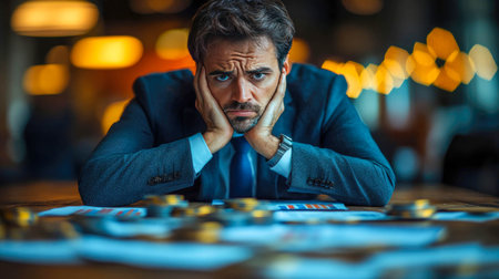 A worried businessman in a suit sitting at a desk surrounded by financial charts, coins, and documents. His hands on his face show deep concern or frustration, symbolizing financial troubles or stress.の素材
