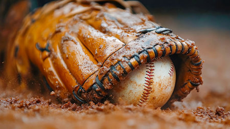 A worn baseball rests inside a vintage leather glove on a red dirt field, symbolizing the heart of the sport. A nostalgic image perfect for themes of tradition and sportsmanship.の素材