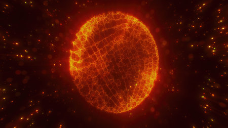 A golden, swirling form of light against a dark backdrop, evoking the essence of energy and motion in an abstract digital art style sphere.の写真素材