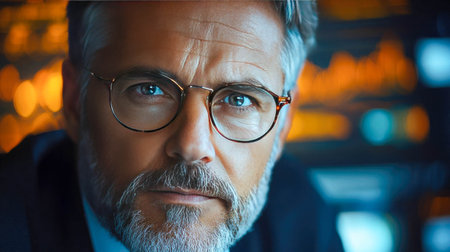 A professional business man focused on market data displayed on digital screens, reflecting corporate strategy and cryptocurrency.の素材