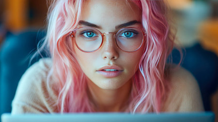 Young girl with pink hair wearing headphones, focused on her laptop in a warm, cozy atmosphere with bokeh lights in background.の素材