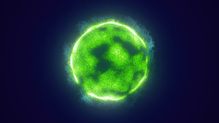 A glowing green energy sphere with intricate textures and luminous highlights futuristic organic structure.の写真素材