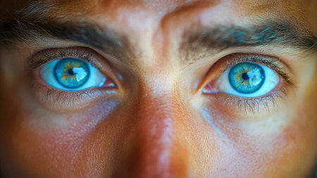 Close-up of a man with hands on his face, eyes wide in shock and fear, capturing an intense emotional reaction.の素材