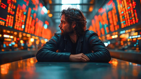 A focused man watches stock data charts on multiple screens in a dimly lit trading room, tracking market trends.の素材