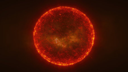 Red sphere with a fiery glow, floating in a dark space background, evoking an energy source or celestial body in the cosmos.の写真素材